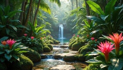 Rich tropical garden features cascading waterfall flowing into clear stream. Vibrant pink flowers bloom in dense plants, palm trees. Exotic paradise offers natural beauty, serene garden design