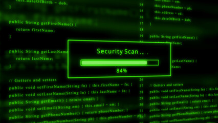 Green computer code with security scan progress bar and 84 percent loading programming software