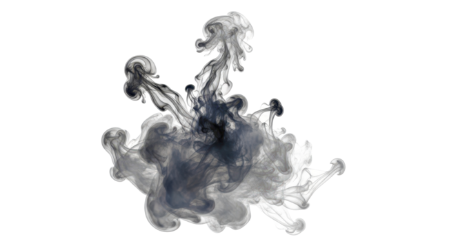 Black smoke cloud turbulent mixing isolated on white background for design overlay