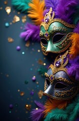 Mardi Gras masquerade banner with carnival mask, purple, green, yellow feathers, glitter. Vertical background with copy space for invitations announcements. Festive celebration atmosphere with