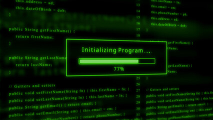Green digital screen with programming code and program initialization progress at 77 percent...
