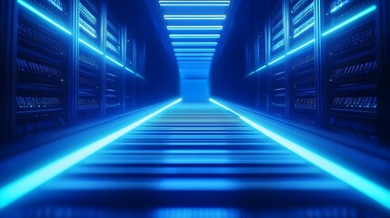 3D render of a long, blue-lit corridor with server racks, creating a sense of depth and technological space.