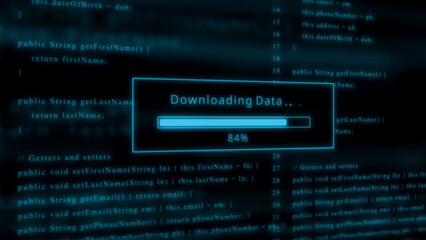 Blue progress bar indicates downloading data at 84 percent with a background of scrolling code Keywords: computer, code, programming, software, download, data, progress, bar, loading, technology