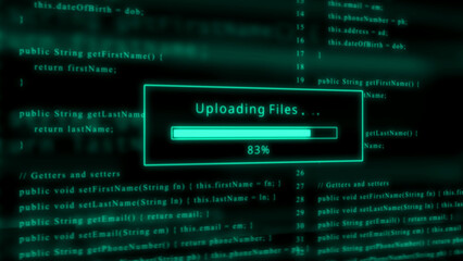 Digital code screen with uploading files progress bar and 83 percent completion technology computer