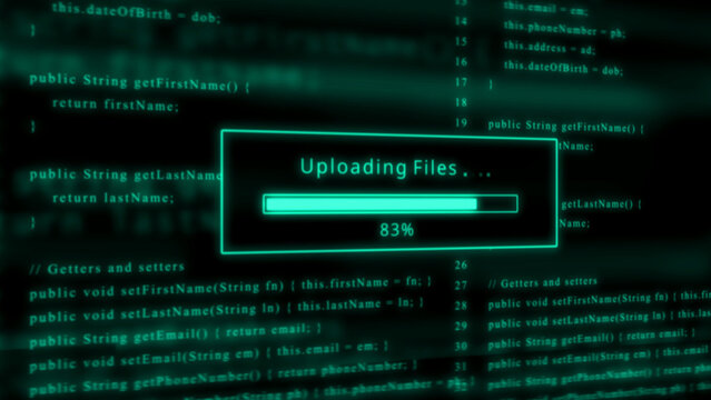 Digital code screen with uploading files progress bar and 83 percent completion technology computer