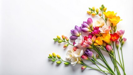 Beautiful bouquet of freesia flowers in various colors on a white background