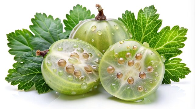 Closeup of fresh gooseberries with water droplets and vibrant green leaves