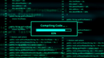 Compiling Code Progress Bar at 83% on Digital Code Background programming computer