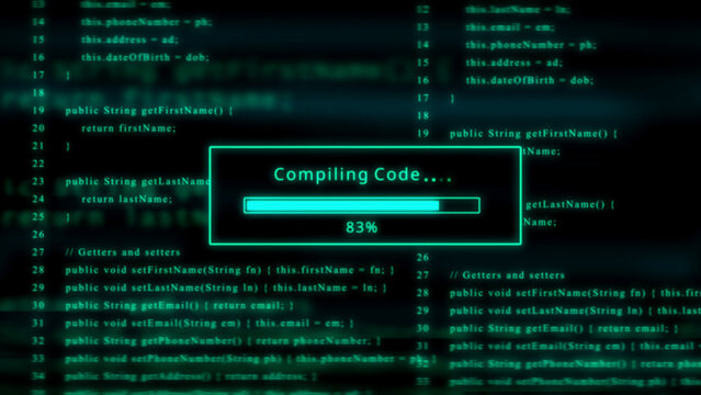 Compiling Code Progress Bar at 83% on Digital Code Background programming computer