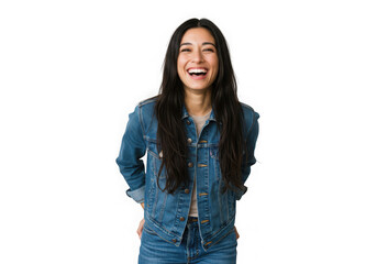 Smiling woman in denim jacket isolated on transparent background