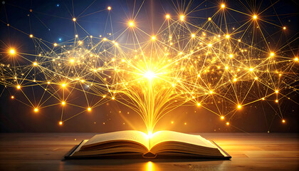 An illuminated open book serves as the source of a radiant golden network, symbolizing the profound expansion of knowledge, data, and innovative ideas across a digital universe
