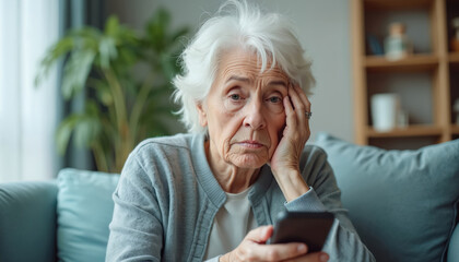 Stressed elderly senior woman looks confused with smartphone. Frustrated lady has problems with online payments and banking. Senior citizen faces internet fraud or cyber scam on phone.