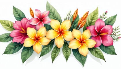 Obraz premium Vibrant watercolor illustration featuring tropical floral arrangement. Yellow, pink blossoms with green leaves create beautiful, hand-drawn botanical design. Exotic arrangement evokes summer, spring