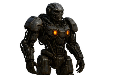 Fototapeta premium Heavy Steel Mech Warrior Robot with Illuminated Chest Core in Post Apocalyptic Sci Fi Setting