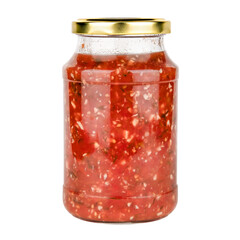 Jar of tomato sauce with garlic and dill on an isolated white background