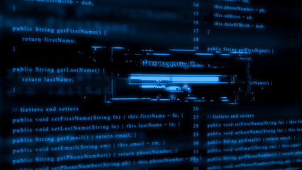 Blue glowing computer code with glitch effect and progress bar Keywords: computer code, programming, coding, software, development, technology, digital, data, programming language, script