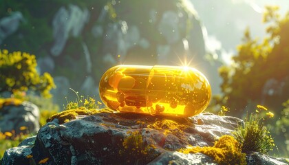 Golden Capsule on Mossy Rock in Sunlit Landscape