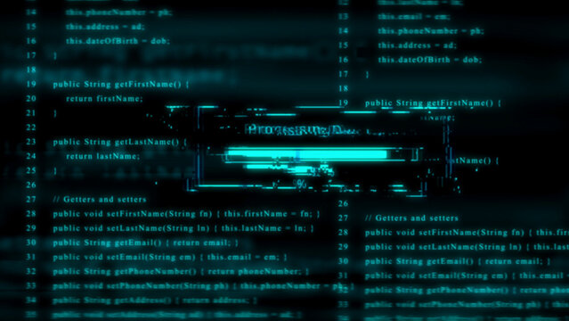 Cyan glowing computer code with glitch effect and progress bar Keywords: computer code, programming, coding, software, development, technology, digital, data, programming language, script