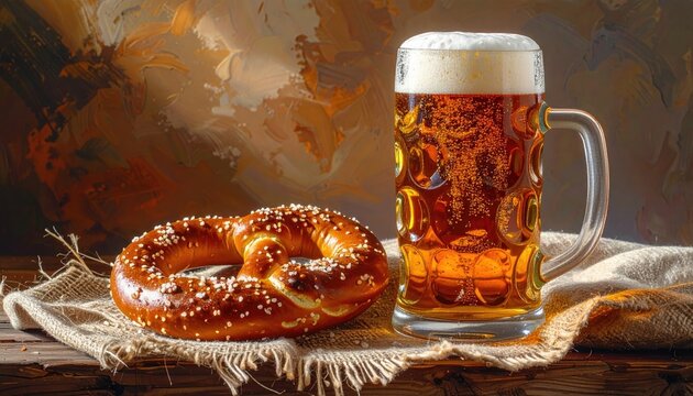 Golden Brown Pretzel and Beer Stein on Rustic Burlap
