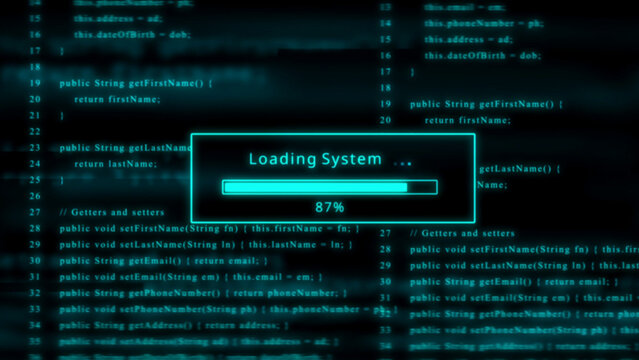 System loading progress bar at 87 percent on a dark blue digital code background computer code programming