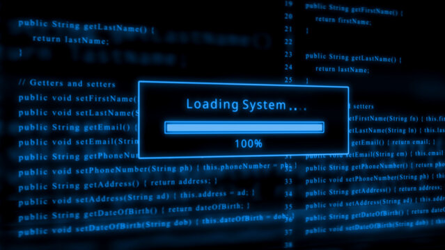 System loading progress bar at 100 percent on a dark blue digital code background complete computer code - Powered by Adobe