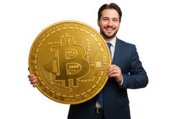 Smiling businessman holding a large bitcoin coin isolated on transparent background