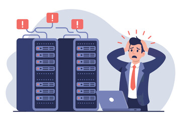 Server room crisis man panicked over flashing red lights and laptop data error system downtime technical issue computer network failure