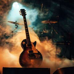 Obraz premium An electric guitar with multicolored smoke on a black background stands on the stage. The atmosphere of the concert and performance.