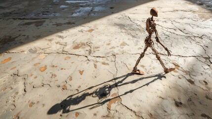 A skeletal human form constructed from various sizes of welded iron rods and scrap metal. The figure is posed in a walking motion, casting a long shadow on a cracked concrete floor.