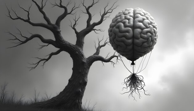 Monochrome Brain Balloon Flying Near Leafless Tree Against Cloudy Sky