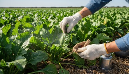 Fototapeta premium Closeup of a gardener using organic methods to manage beetle infestations on vibrant sugar beet plants in an open field.