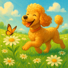 Happy dog with a butterfly in a sunny field.