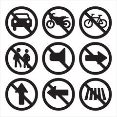 Set of prohibition icons with no parking and no moving vector signs for web design. Traffic prohibition icon set silhouette.