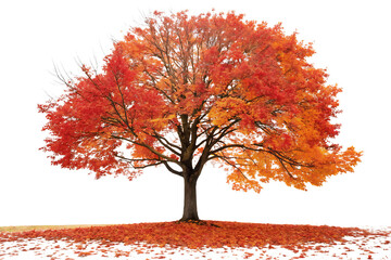 Autumn tree with vibrant orange leaves standing on white background  
