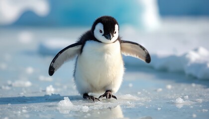 Naklejka premium Fluffy penguin chick walks on icy antarctic landscape. Small creature with black and white feathers navigates frozen terrain. Cold environment scene featuring juvenile aquatic bird in natural habitat.
