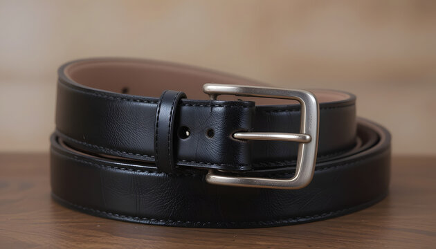 Black leather belt with buckle on light brown background