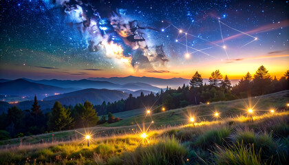 Starry night landscape with glowing lanterns illuminating rolling hills under a celestial sky filled with constellations and the Milky Way, a breathtaking view