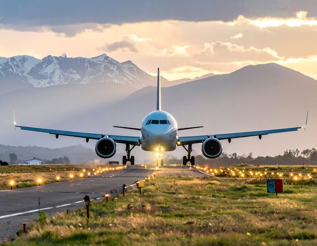 Airplane landing at sunset, mountains in background