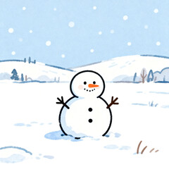 A charming snowman is depicted in a snowy outdoor scene during winter, with a light blue sky and snow-covered hills in the background.