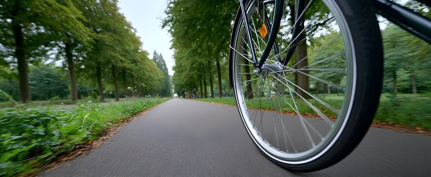 Fototapeta The bicycle wheel spinning along a smooth road or sidewalk trail.