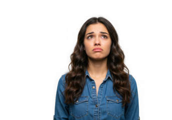 Sad young woman with a distraught expression isolated on transparent background