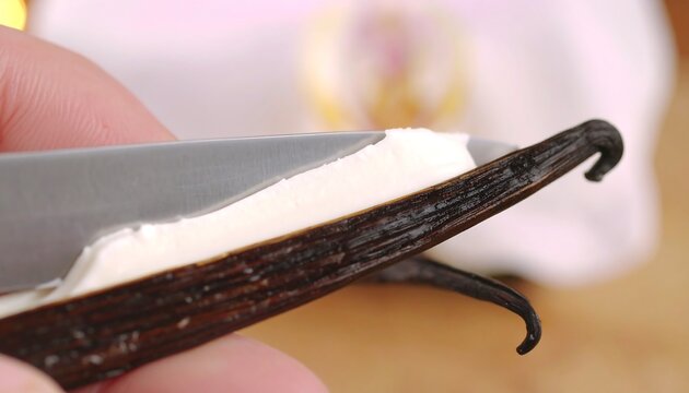 Close-up of vanilla bean sliced