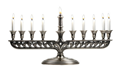 Ornate silver Hanukkah menorah, lit candles
