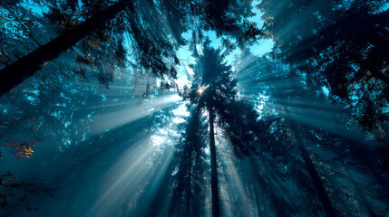 Obraz premium Sunlight streaming through tall forest trees with blue sky, peaceful nature background for desktop wallpaper
