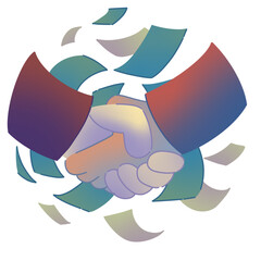 Two hands shaking in a gradient style, surrounded by floating documents. This image represents business deals, partnership, collaboration, and successful agreement