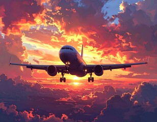 Airplane landing at sunset through colorful clouds