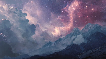 Starry galaxy night sky with glowing mountains in a surreal nature aesthetic background