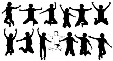 Youthful silhouettes of children jumping with joyful exuberance, showcasing dynamic poses.