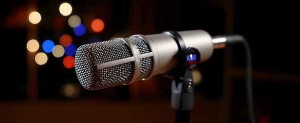 The sleek podcast microphone stands poised for an exciting fresh episode recording session