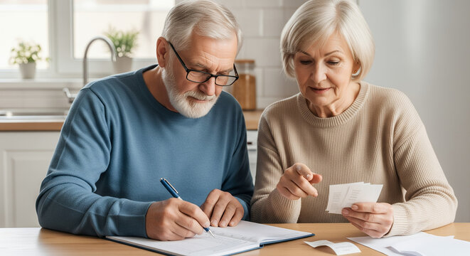An elderly couple reviews documents, possibly managing their finances together. The man wears glasses and is writing on a paper. The woman points at a piece of paper